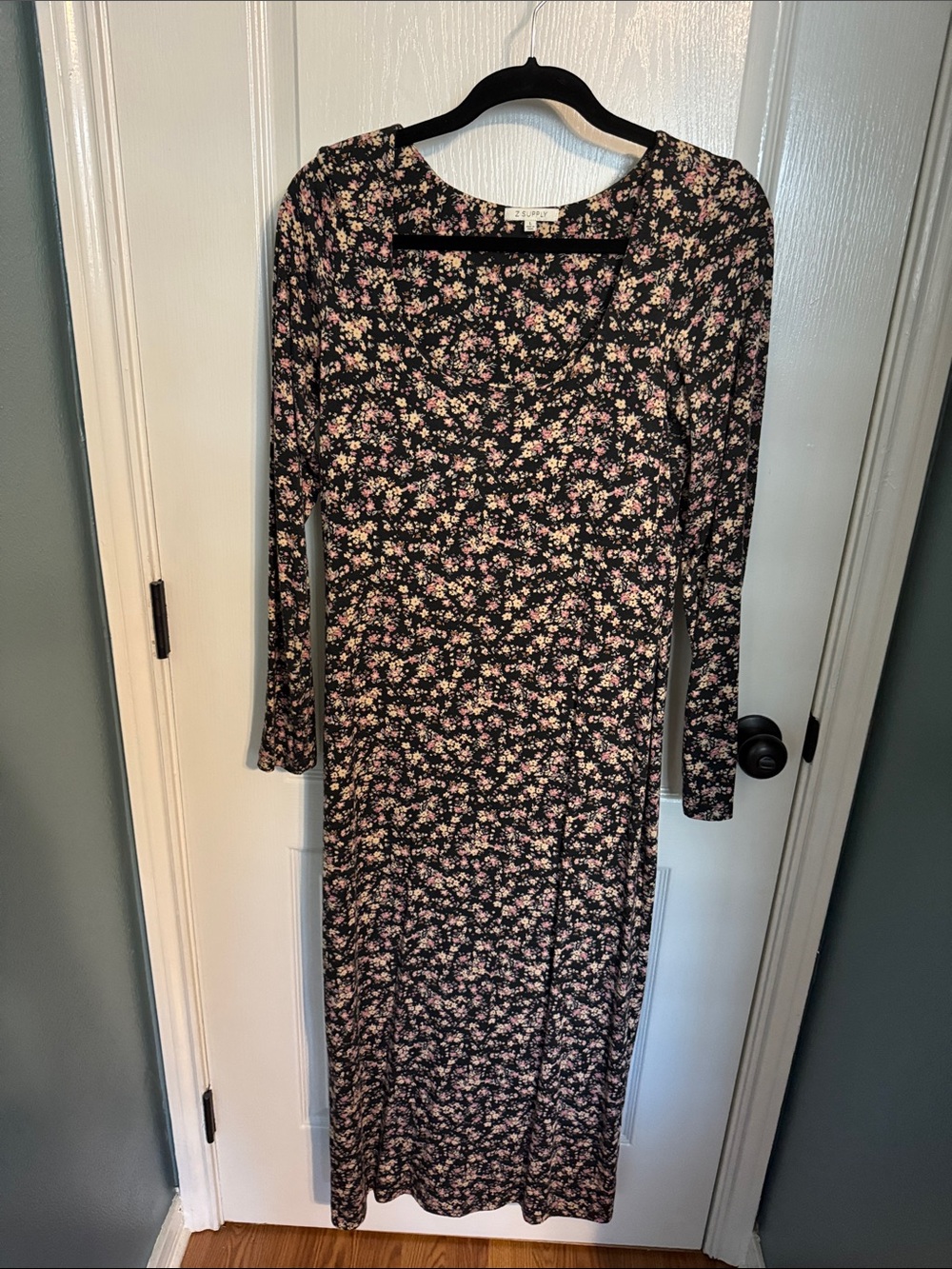 Z Supply Black Floral Long Sleeve Maxi Dress with Pink Flowers